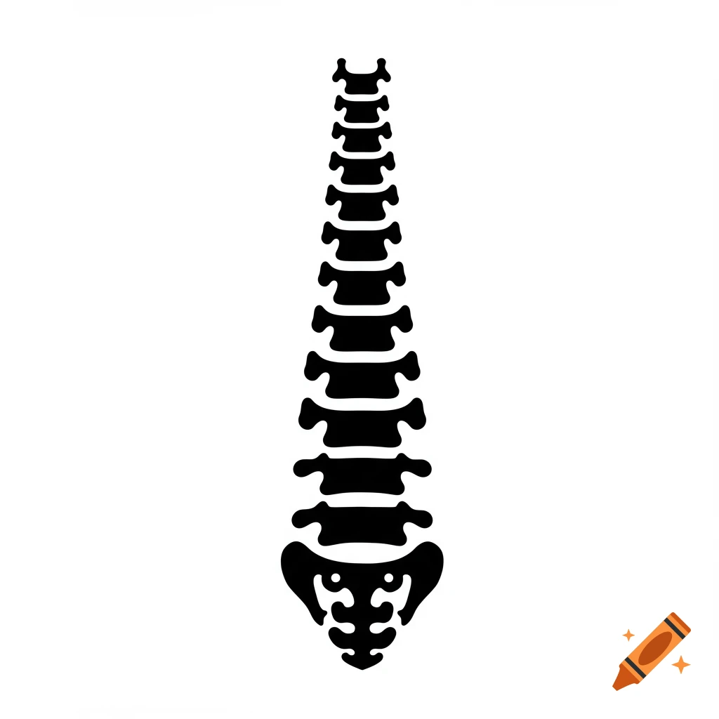 Black stylized tribal illustration of a human spine with vertebrae separated on a white background.