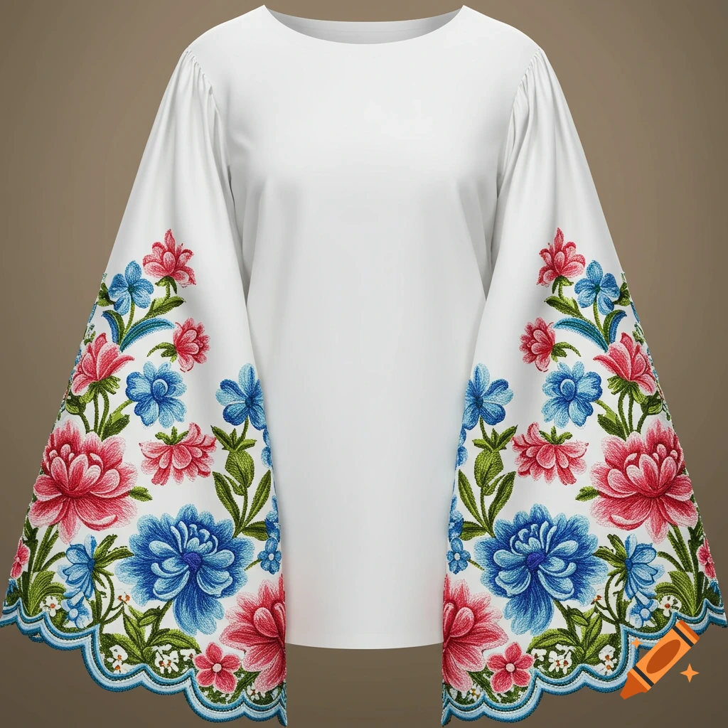 A white shirt with wide, flowing sleeves adorned with vibrant red and blue floral embroidery along the cuffs.