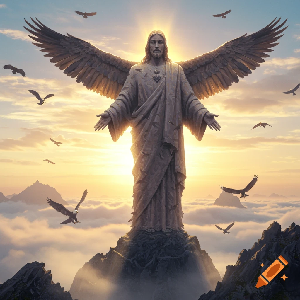 A majestic statue of Jesus Christ with large wings stands atop a mountain peak above the clouds at sunset, with eagles flying around.