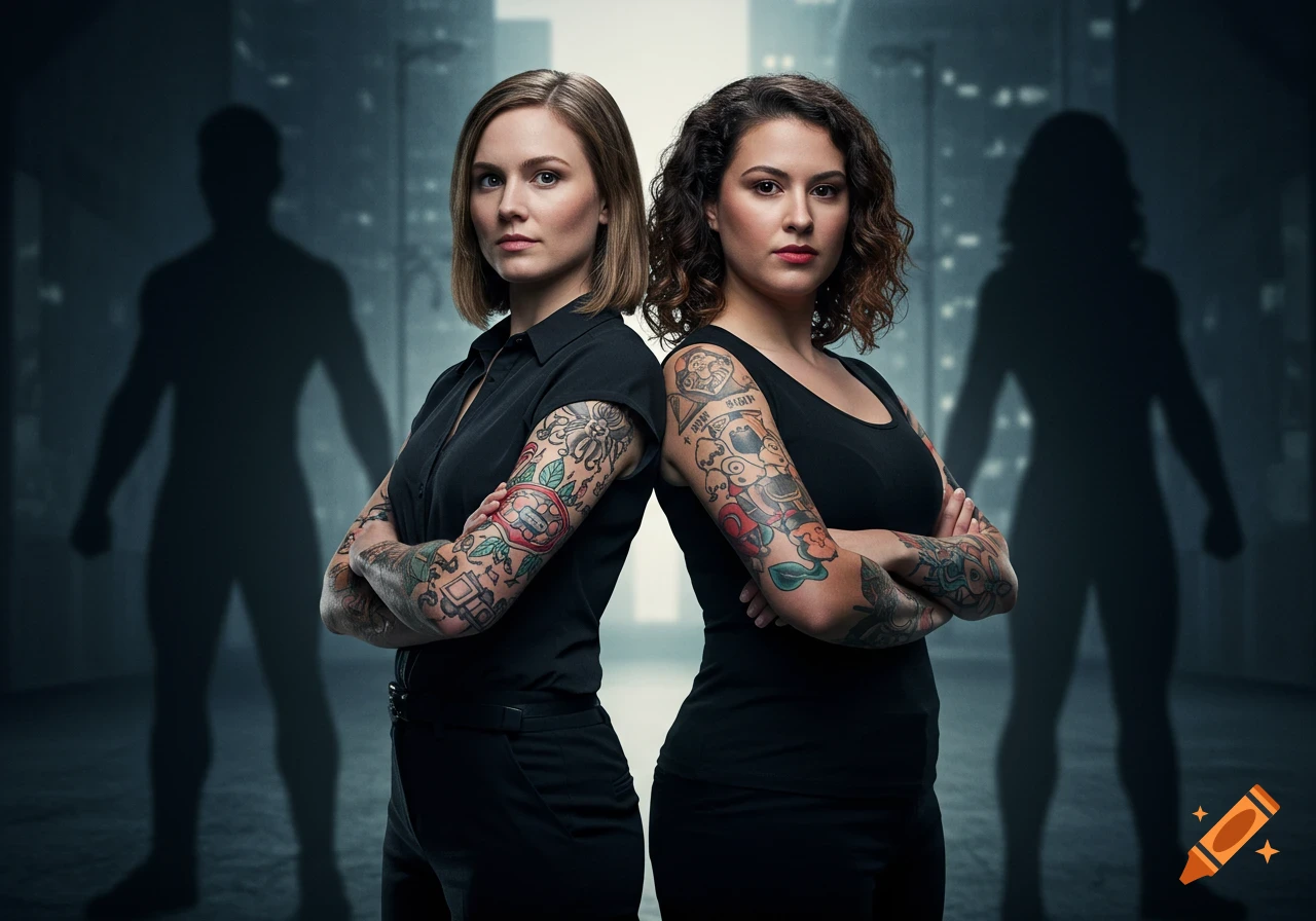 Two women with full arm sleeve tattoos stand back to back, arms crossed, with superhero shadows in an urban setting.
