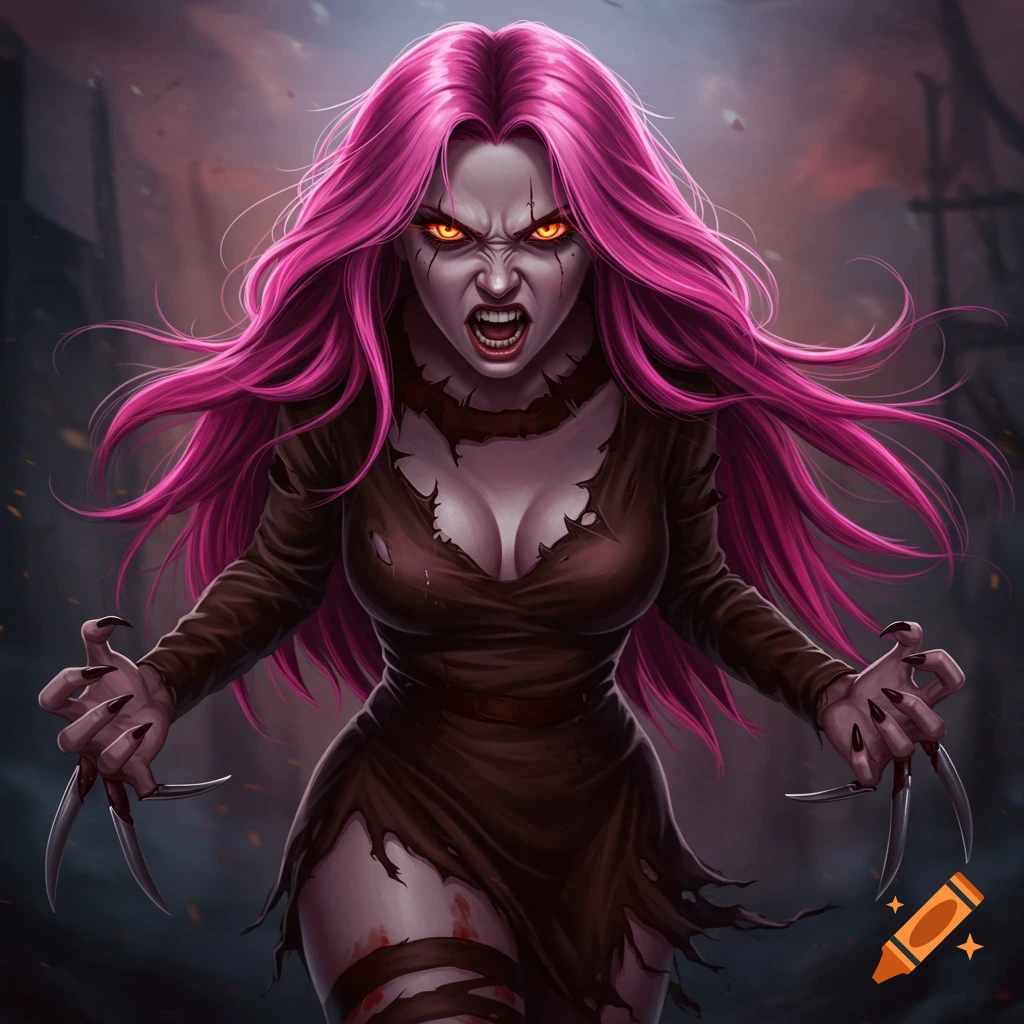 An angry, pale woman with long pink hair and glowing amber eyes, wearing a torn brown dress and sharp claws on her hands.