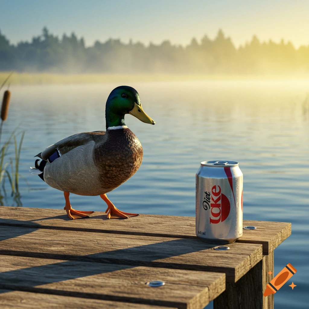 Photorealistic mallard duck standing on a wooden dock next to a Diet Coke can, with a misty lake and forest in the background.
