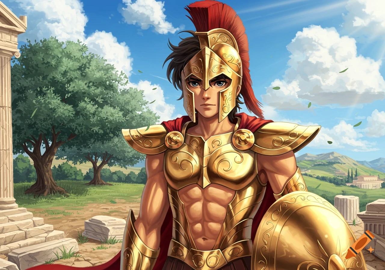 An anime boy in golden Spartan armor stands among ancient Greek ruins under a bright blue sky.