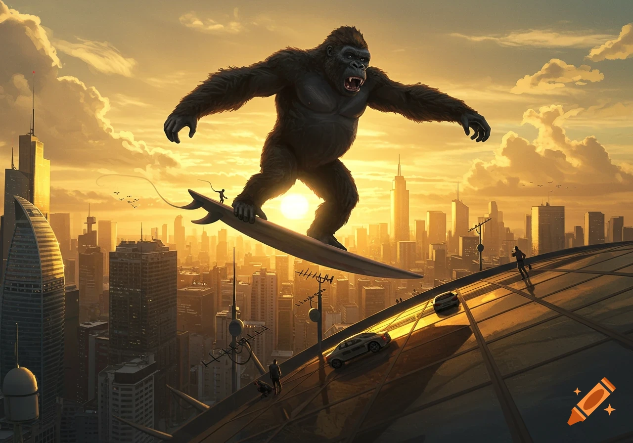 Giant gorilla King Kong surfs on a surfboard across a city skyline at sunset.