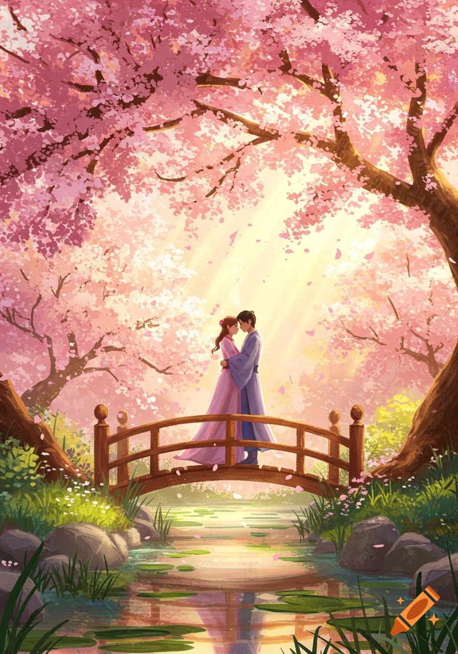Illustrated couple hugging on a wooden bridge under blooming pink cherry blossom trees, with a reflective stream below.