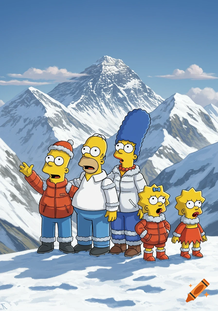 The Simpsons family stands in winter gear on a snowy mountain, with a large peak behind them under a clear blue sky.