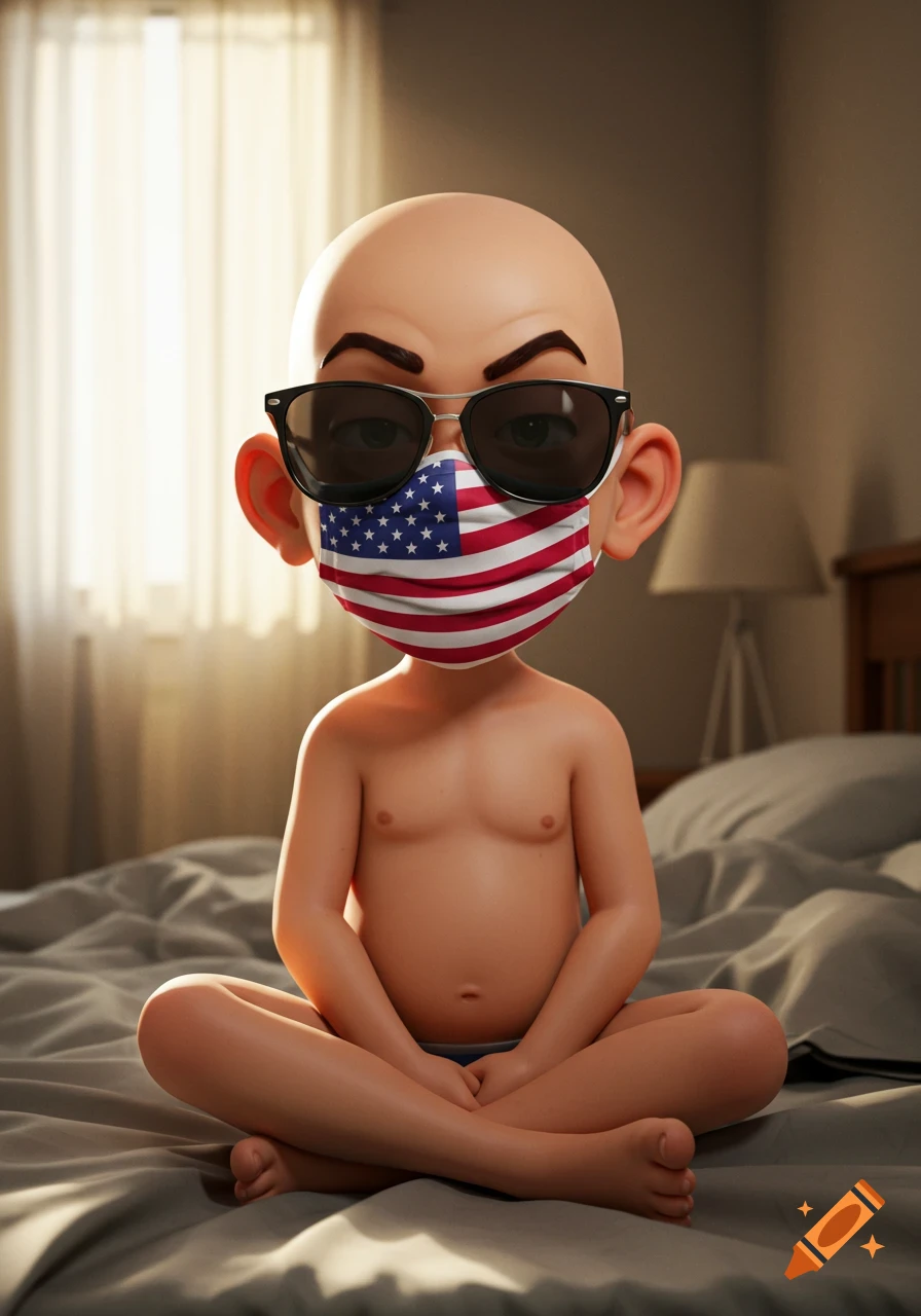 A bald, cartoon-style boy with big eyebrows, dark sunglasses, and an American flag mask sits shirtless in blue underwear on a bed.