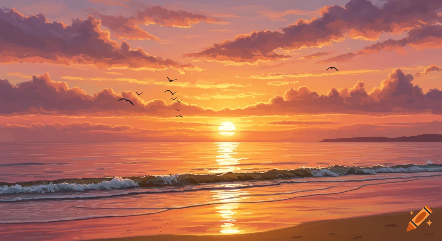 A vibrant painting of a sunset over the ocean, with orange and pink clouds, a shining sun, and gentle waves on a sandy beach.