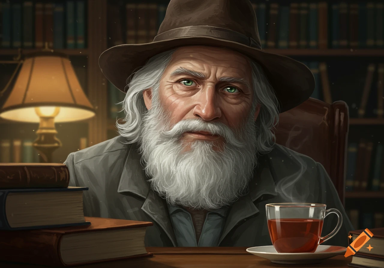 A man with a white beard, green eyes, and a brown hat sits in a library with books and a cup of tea, digital painting.