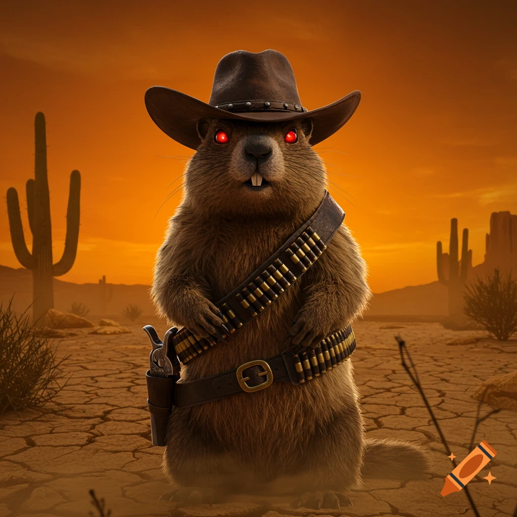 A menacing groundhog wearing a cowboy hat, bandolier, and holster with a revolver, standing in a desert landscape with red eyes.