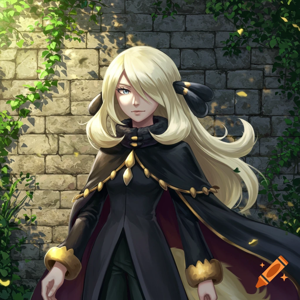 Cynthia from Pokemon, with long blonde hair and a black coat, stands in front of a stone wall covered in green vines.