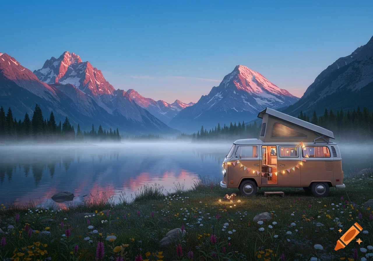 A beige camper van with string lights parked by a misty lake at dawn, with snow-capped mountains and evergreen trees in the background.