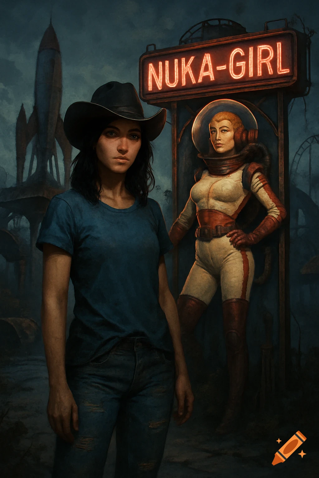 A woman in a cowboy hat, blue shirt, and ripped jeans stands in a dark, ruined space theme park, next to a neon sign for "Nuka-Girl" above a retro spacesuit-clad animatronic.