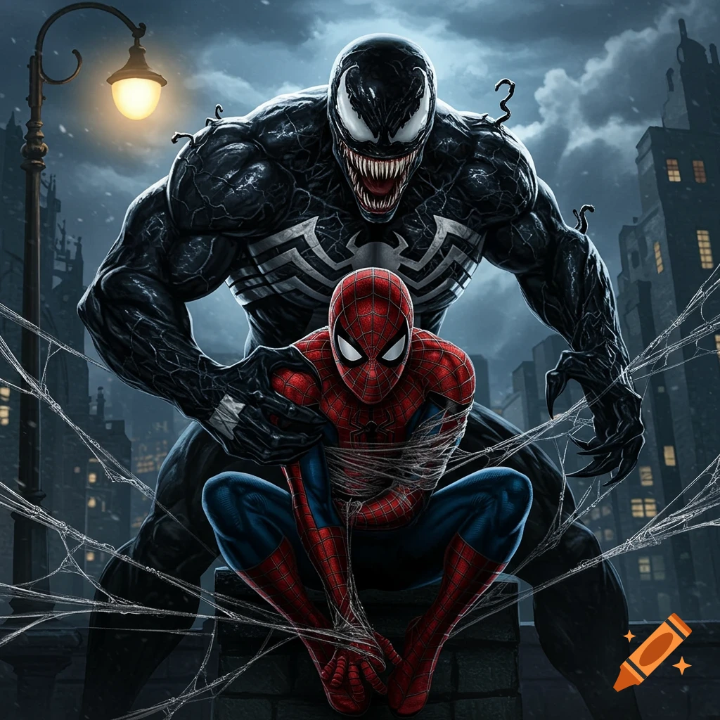 Venom menacingly holds a web-bound Spider-Man against a dark city backdrop, illuminated by a street lamp in a detailed comic book art style.