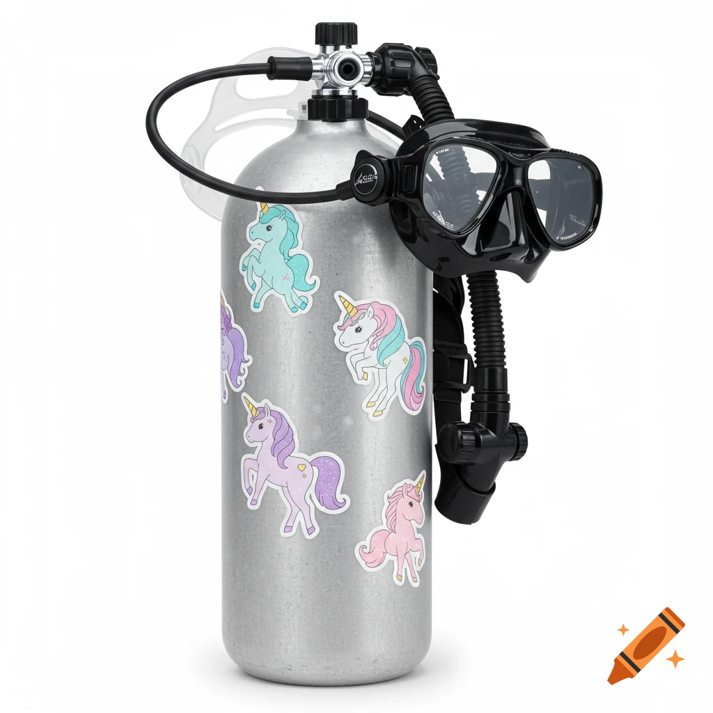 A silver scuba tank decorated with various colorful unicorn stickers, with a black diving mask and regulator attached, on a white background.