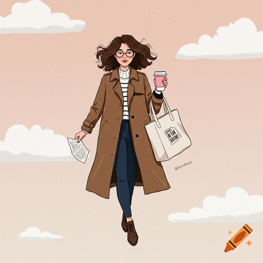 Cartoon illustration of a woman in a brown trench coat, jeans, and glasses, holding a pink coffee cup and a tote bag, floating among clouds.