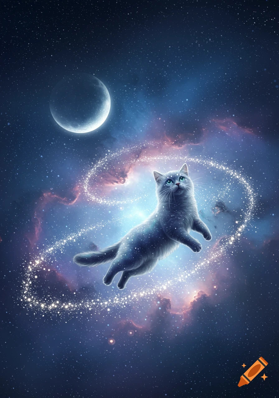 A fluffy grey cat with blue eyes floats in a star-filled galaxy with a crescent moon and sparkling light trails, digital art.