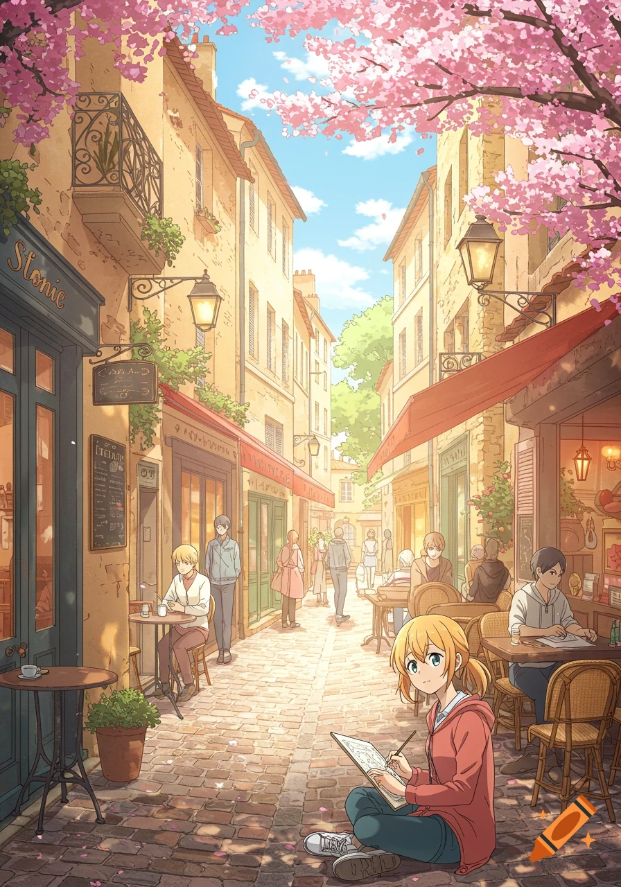 Anime street scene with cherry blossoms, old buildings, people, and a girl drawing on the cobblestones.