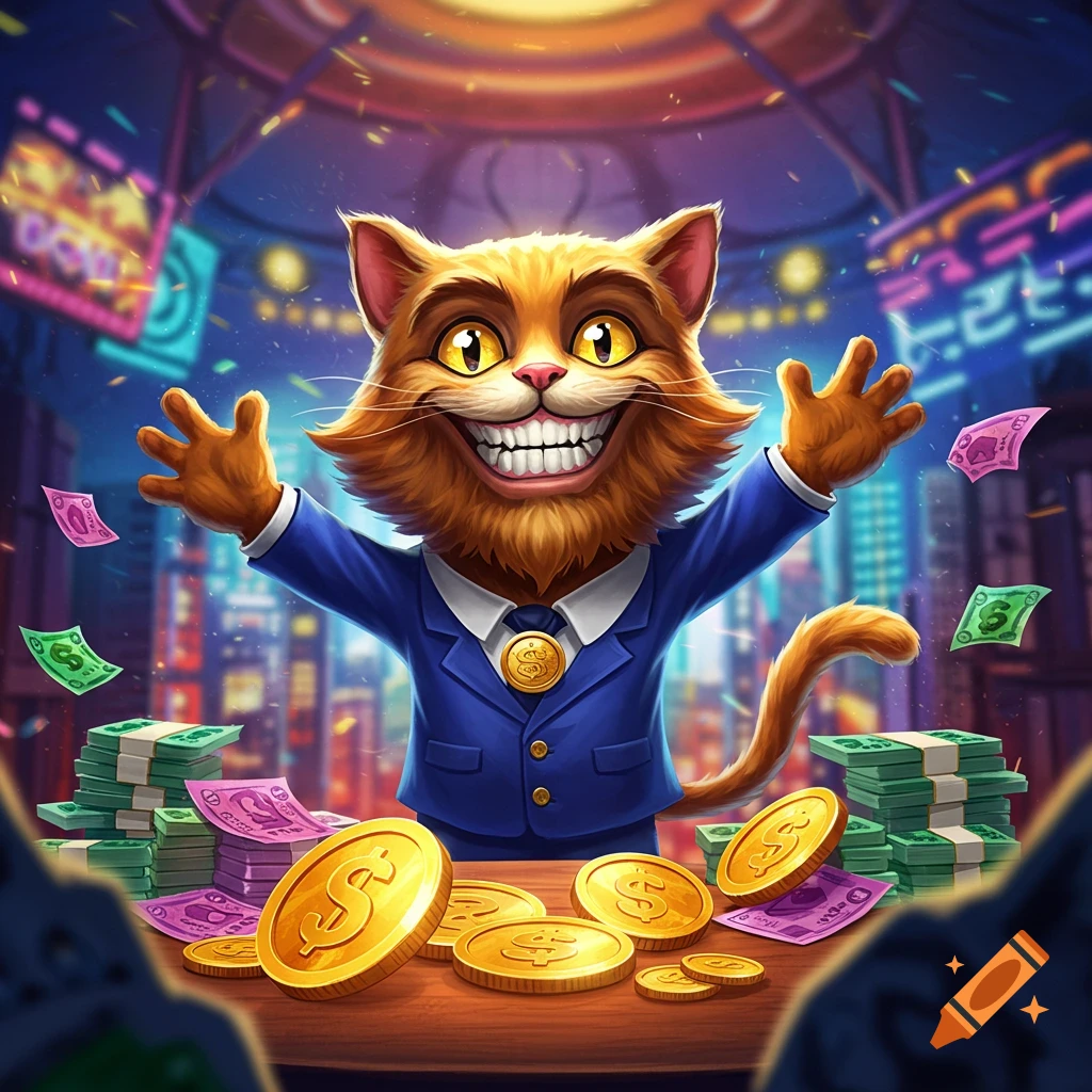 A grinning orange cartoon cat in a blue suit stands amid stacks of money and gold coins in a vibrant, neon-lit setting.