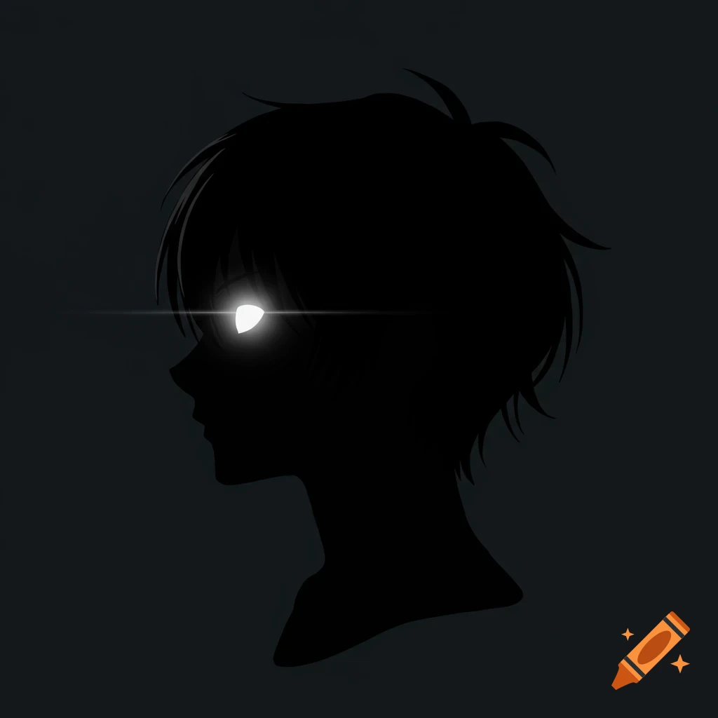 Anime style silhouette of a person's head with glowing white eyes against a dark gray background.