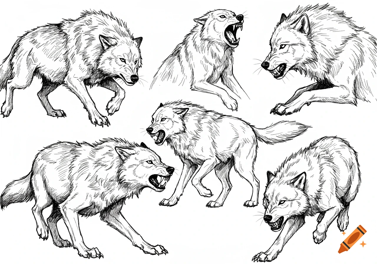 Black and white sketches of six aggressive wolves snarling and growling.