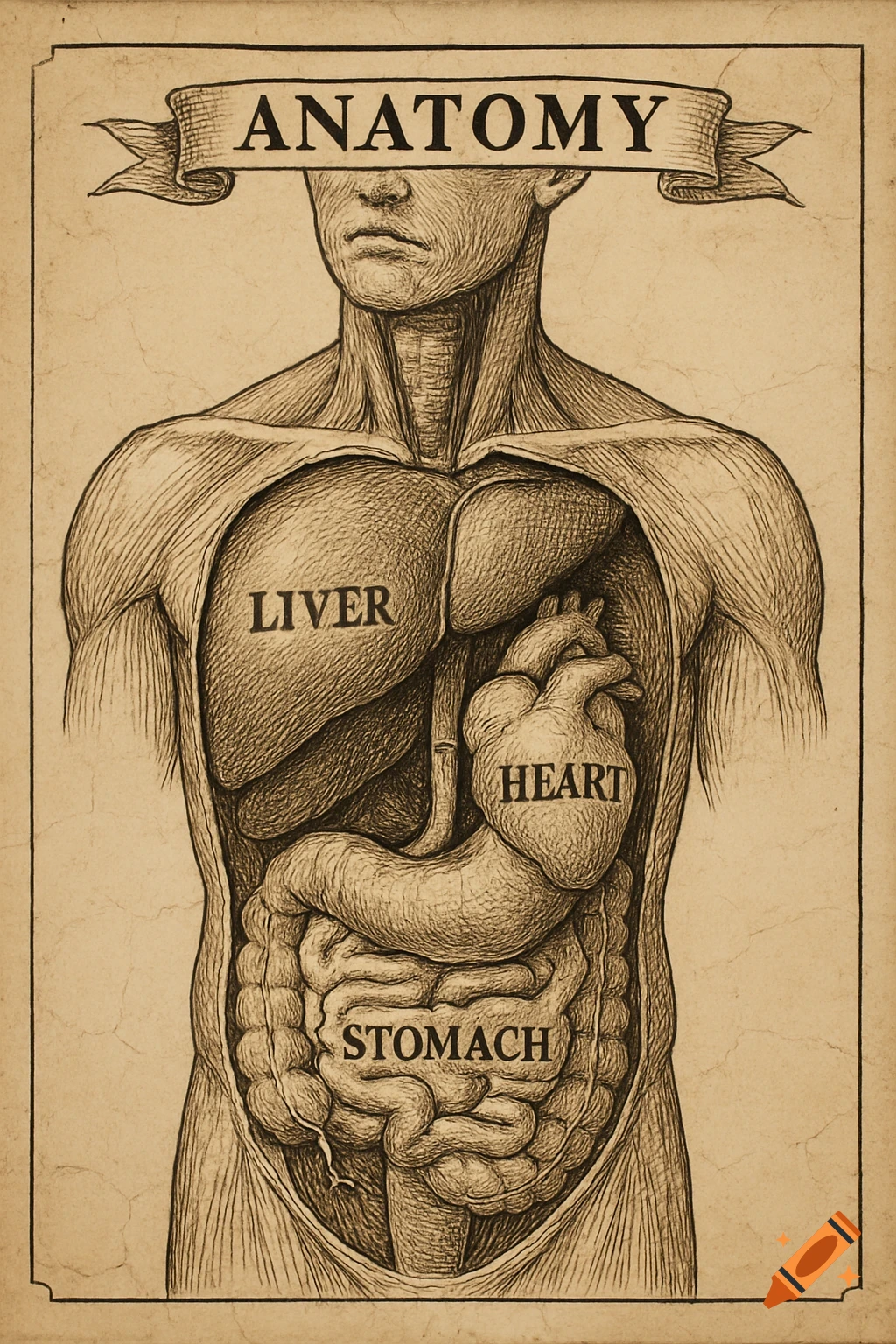 Vintage anatomical sketch of a human torso with visible internal organs: liver, heart, and stomach, labeled with text. The drawing has a sepia tone and a distressed paper texture, titled 'ANATOMY' in a banner.