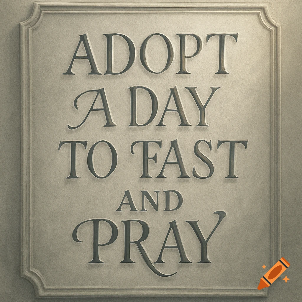A gray textured sign with the embossed words "ADOPT A DAY TO FAST AND PRAY" in a classical serif font.