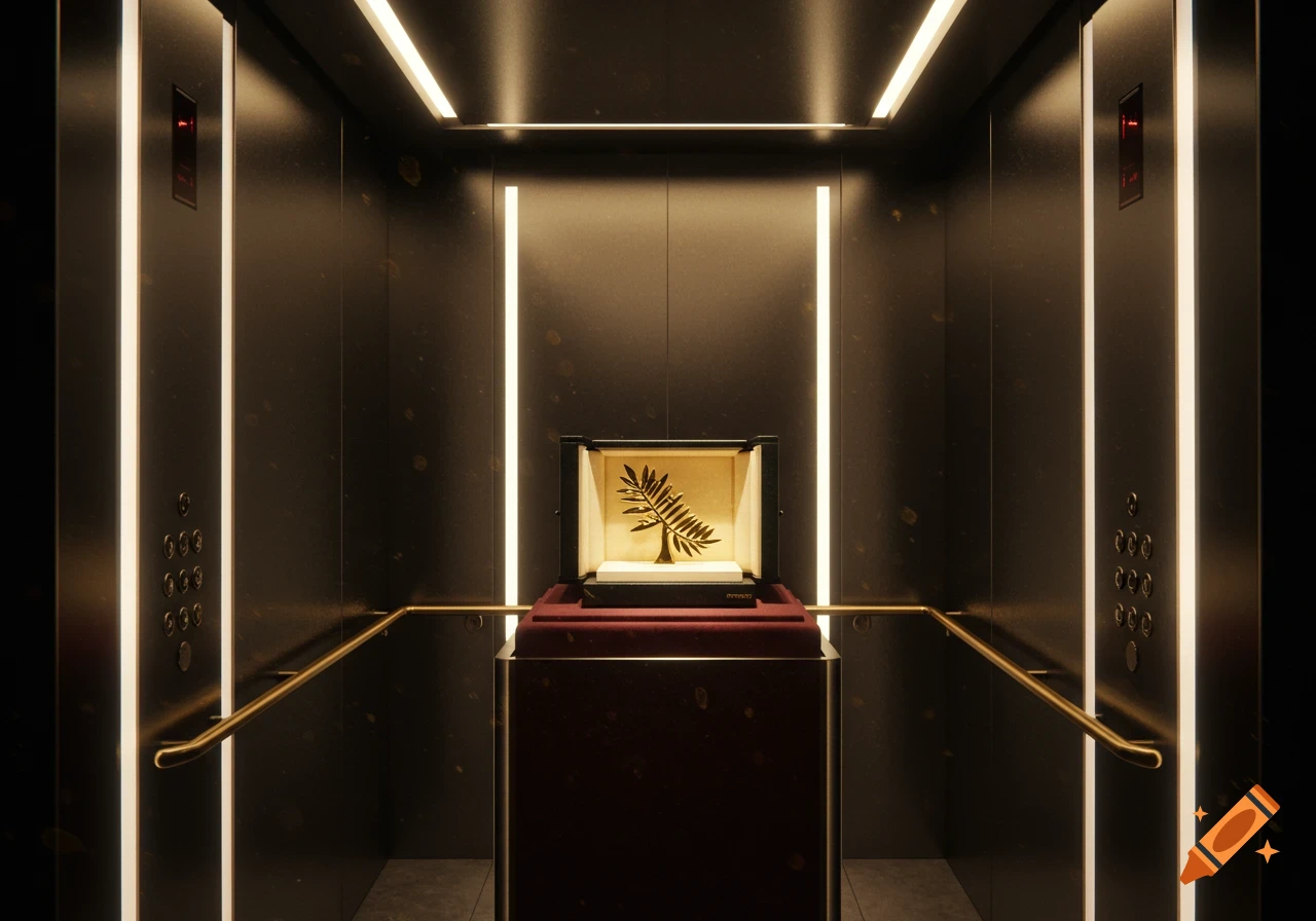A prestigious golden palm leaf award in a display case sits on a red velvet pedestal inside a dimly lit, luxurious elevator with reflective dark walls and bright vertical strip lighting.