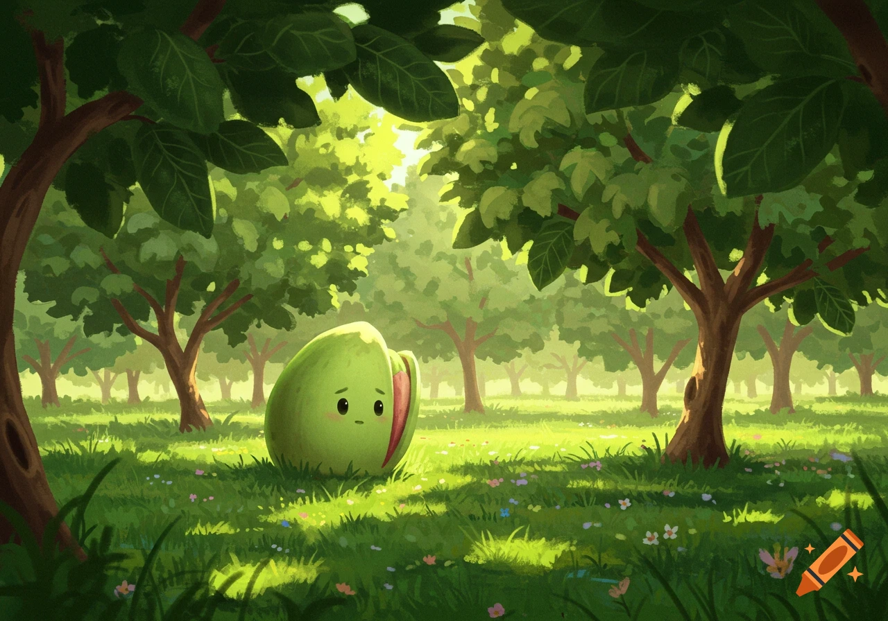 A shy, anthropomorphic pistachio nut sits in a sunny, green orchard filled with trees and wildflowers in an illustration.
