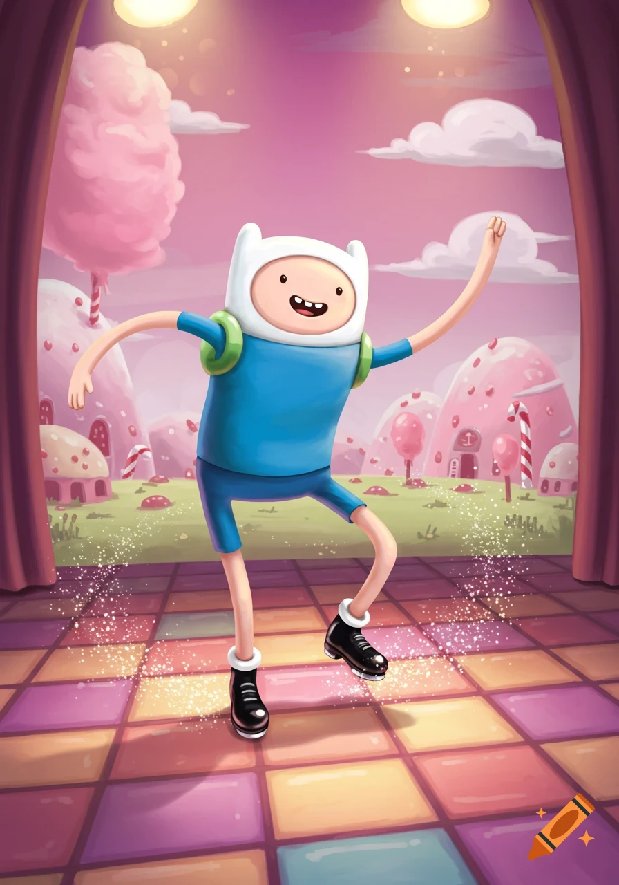 Cartoon Finn the Human from Adventure Time dances on a colorful disco floor in a candy land, wearing black tap shoes.