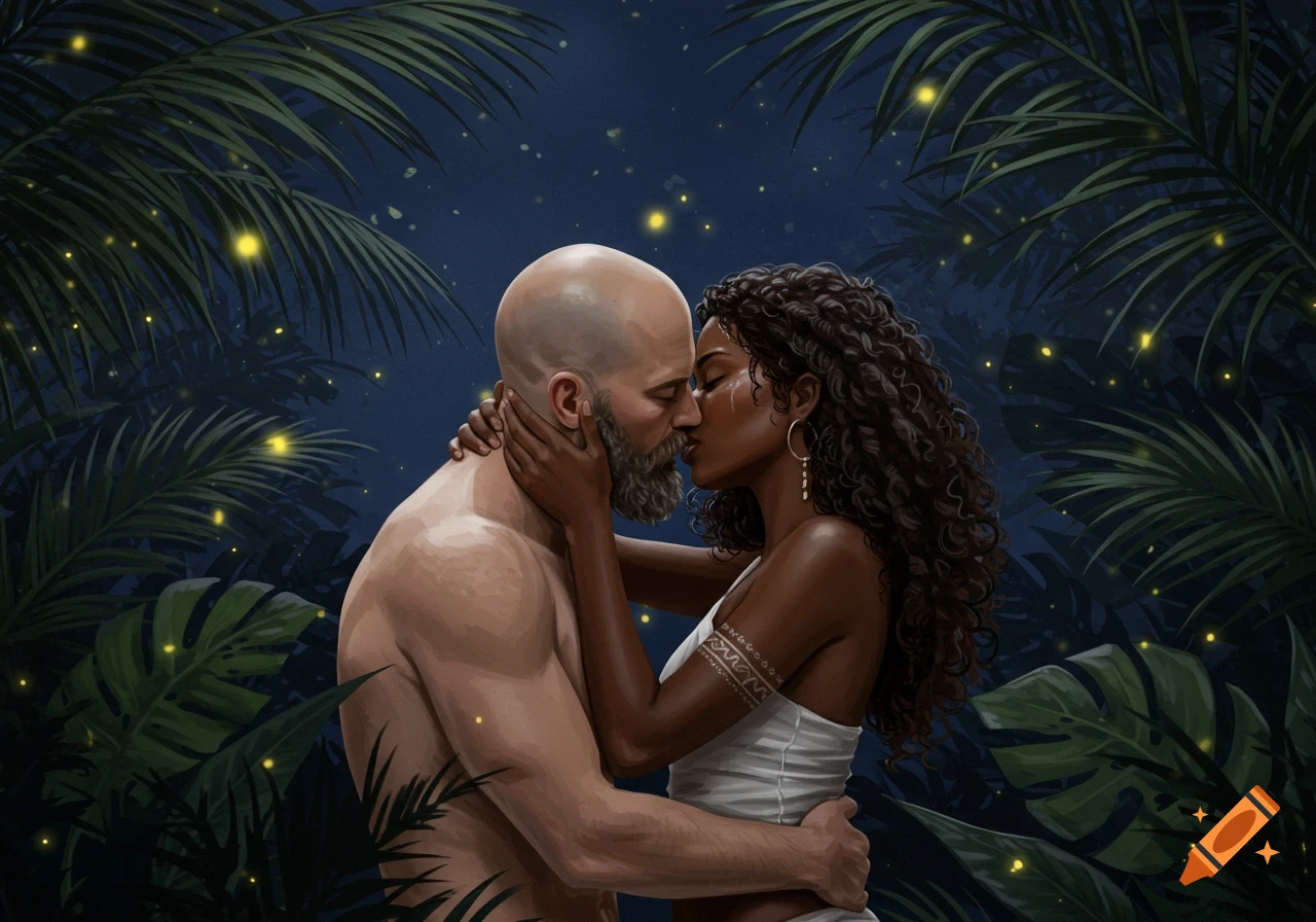 Illustrated romantic scene of a bald bearded white man and a black woman kissing in a glowing jungle at night.