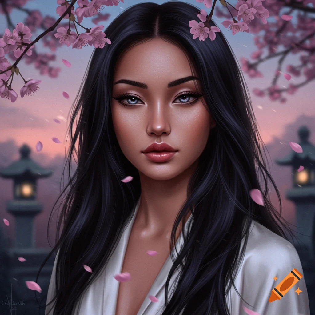 Stylized digital art portrait of a woman with long black hair and blue eyes, surrounded by pink cherry blossoms and a Japanese lantern.