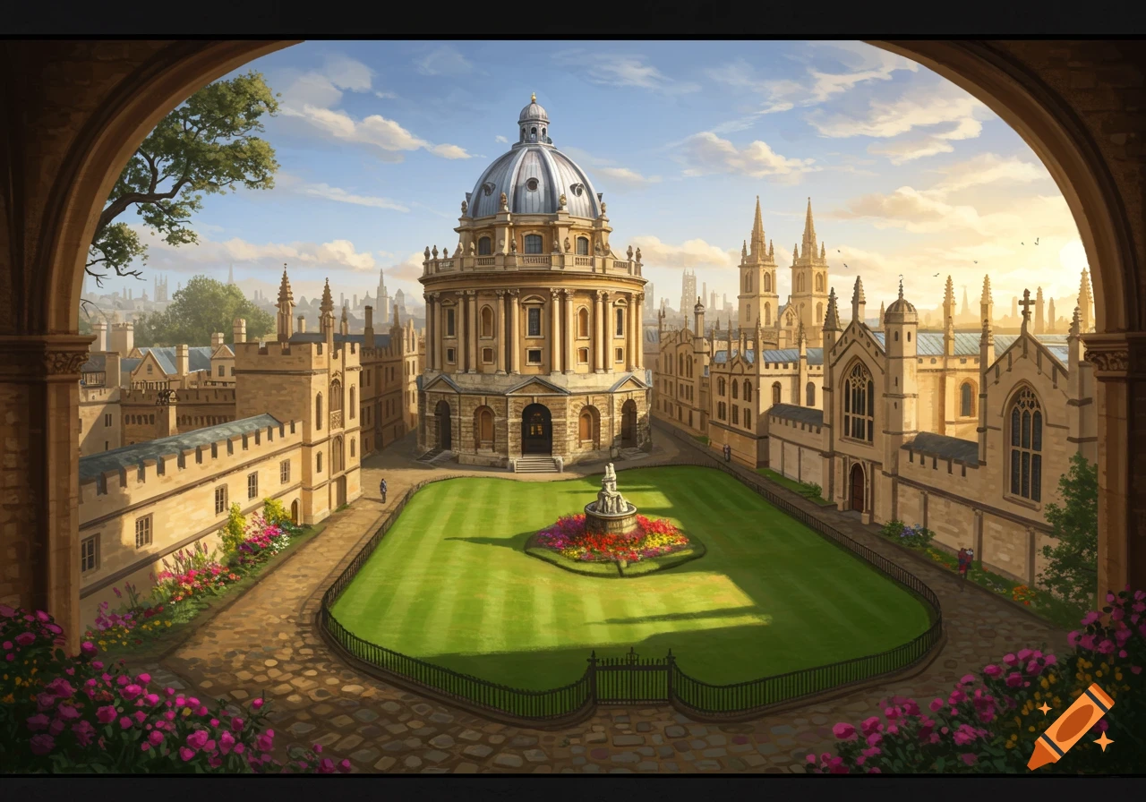 Illustrative view of Oxford University's Radcliffe Camera and surrounding collegiate buildings with green lawns, framed by an archway.
