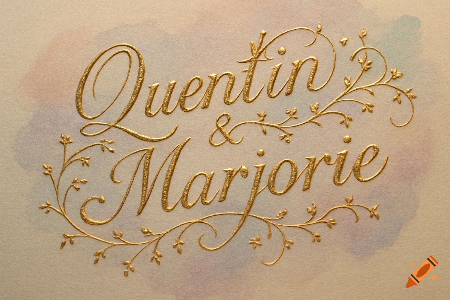 Golden embossed cursive text 'Quentin & Marjorie' with decorative flourishes on a watercolor background.