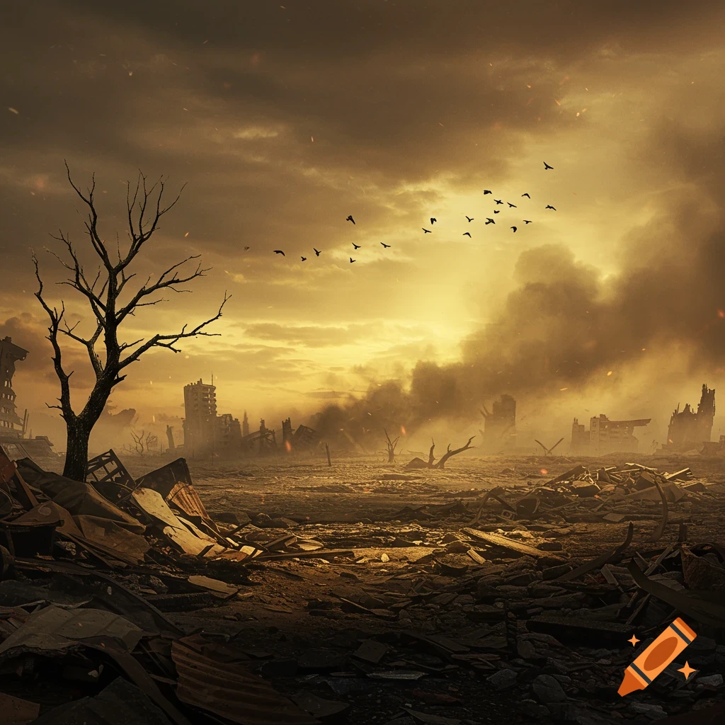 Dark, smoky warzone landscape with ruined buildings, debris, a barren tree, and birds flying under an orange sky.