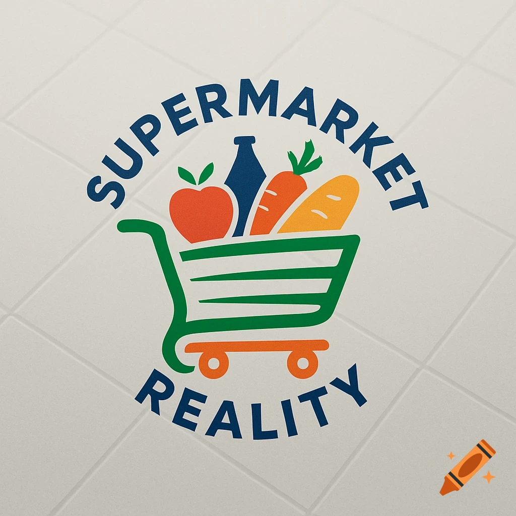 A colorful logo for 'SUPERMARKET REALITY' featuring a green shopping cart filled with an apple, bottle, carrot, and baguette.