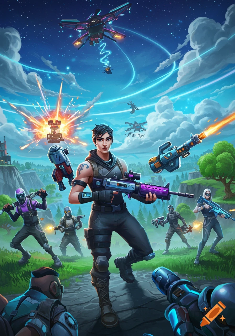 A stylized action scene with multiple video game characters, futuristic weapons, flying drones, and explosions under a starry sky.