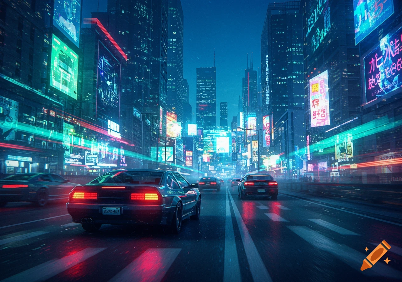 Futuristic cityscape at night with neon-lit skyscrapers and several cars driving down a busy street, long exposure light trails.