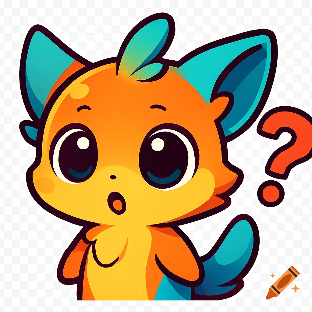 A cute orange and teal chibi creature with large eyes and a surprised expression, with a red question mark floating beside it, on a transparent background.
