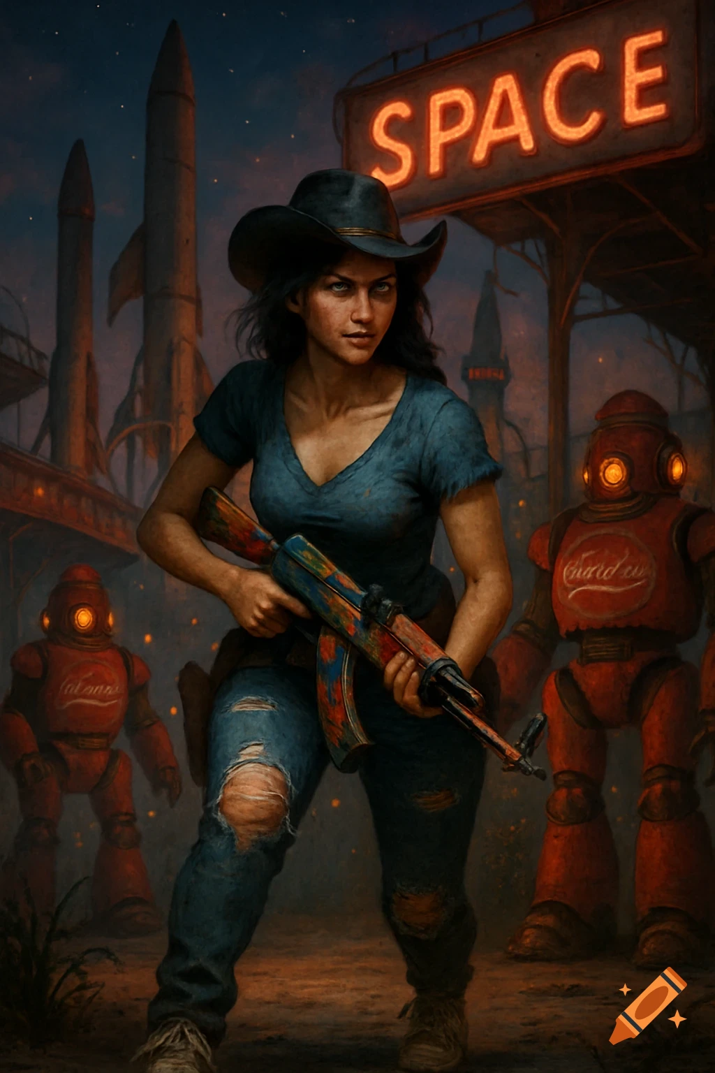 A woman in a cowboy hat and ripped jeans holds a colorful rifle in a ruined space-themed amusement park with red robots and rockets.