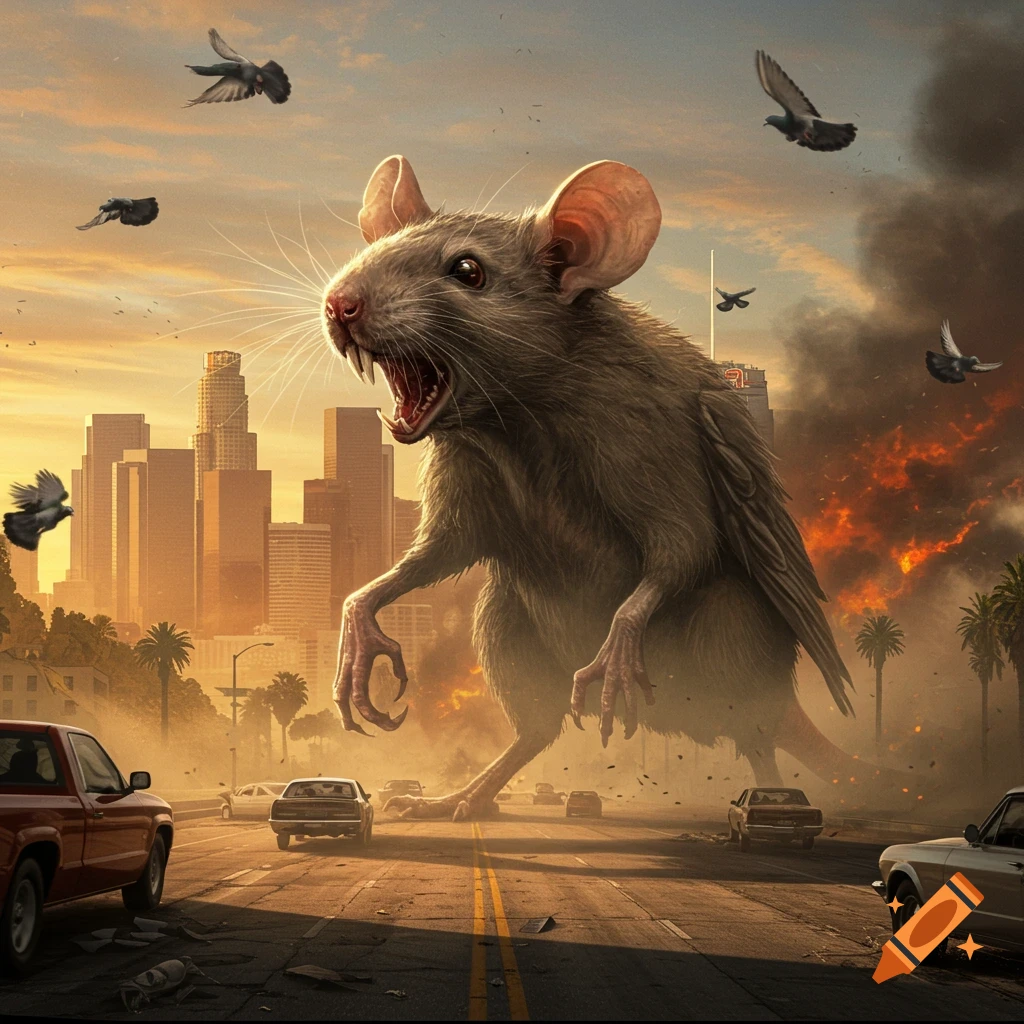 A giant, rabid-looking rat with bird legs and powerful arms looms over a burning Los Angeles cityscape at sunset, with panicked cars and flying pigeons.