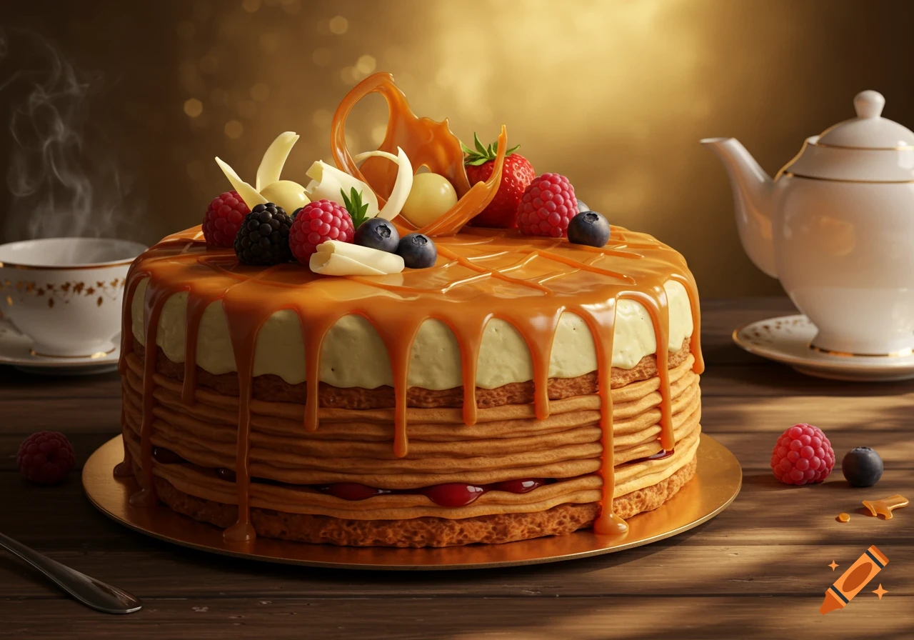 A rich, multi-layered caramel cake topped with fresh berries, white chocolate, and a sugar swirl, beside a steaming cup and teapot.
