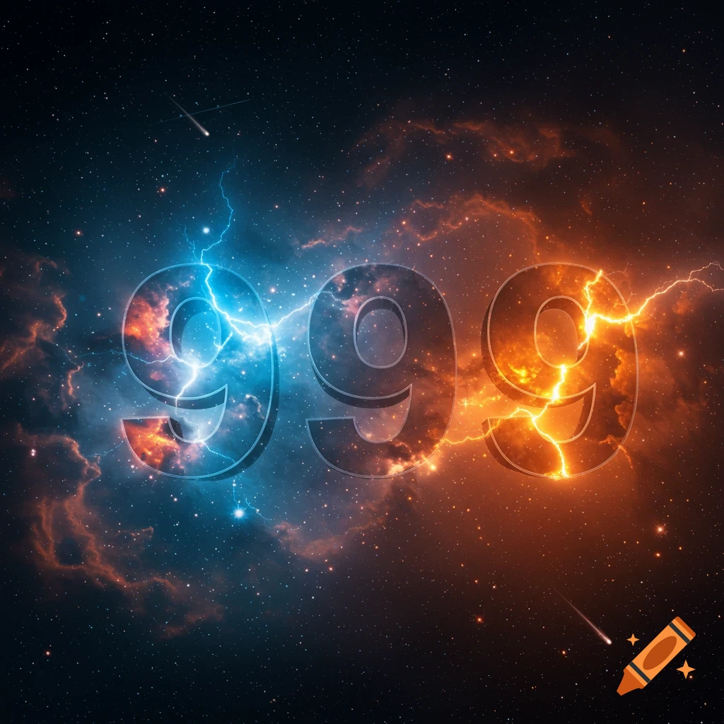 The number 999 rendered with lightning and cosmic energy against a starry space background.