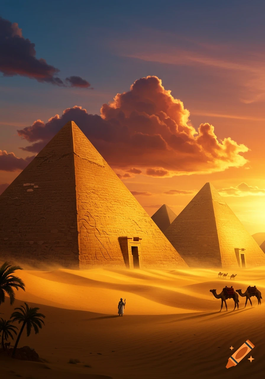 Photorealistic image of ancient pyramids in a golden desert at sunset, with a lone figure and camels.