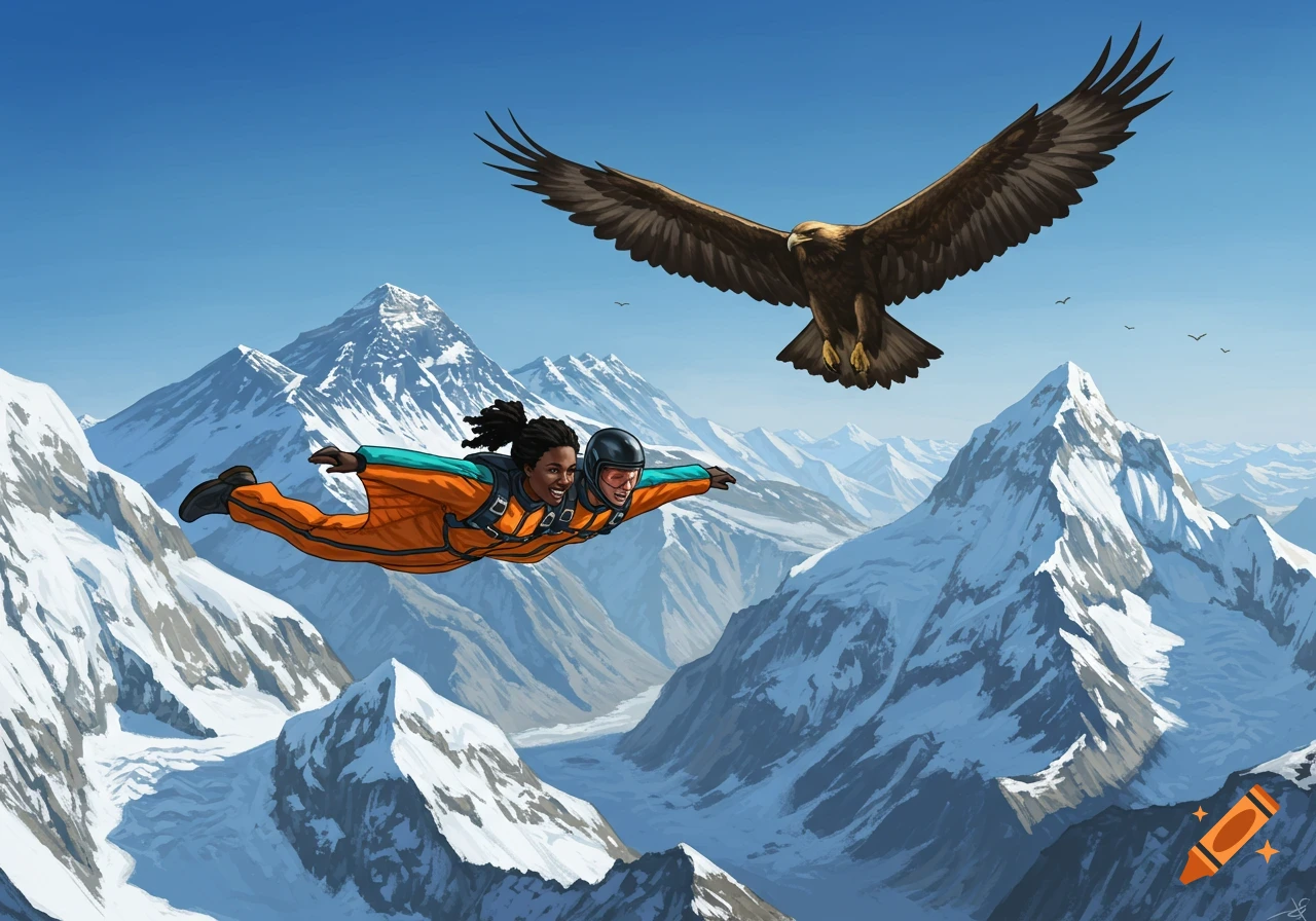 Two people in wingsuits fly past a large eagle over the snow-capped Himalayas in a vibrant illustration.