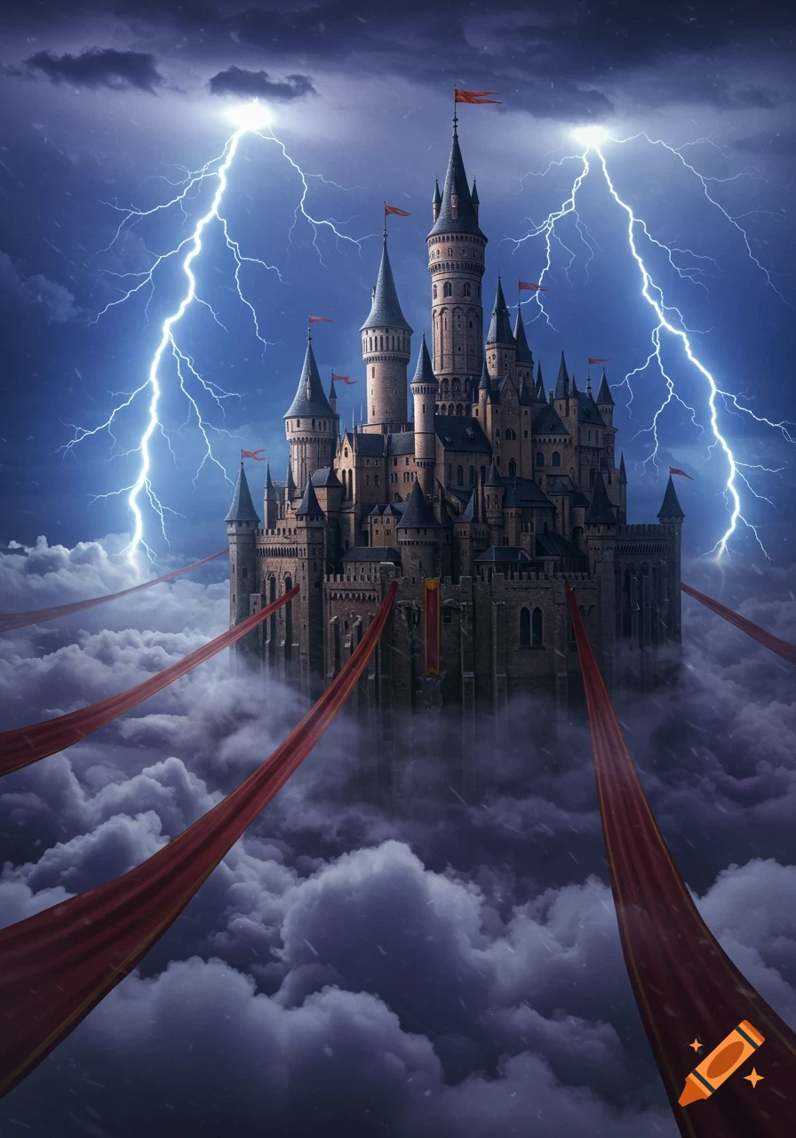A dark, majestic castle with spires and flags, shrouded in clouds, is struck by bright lightning under a stormy sky.