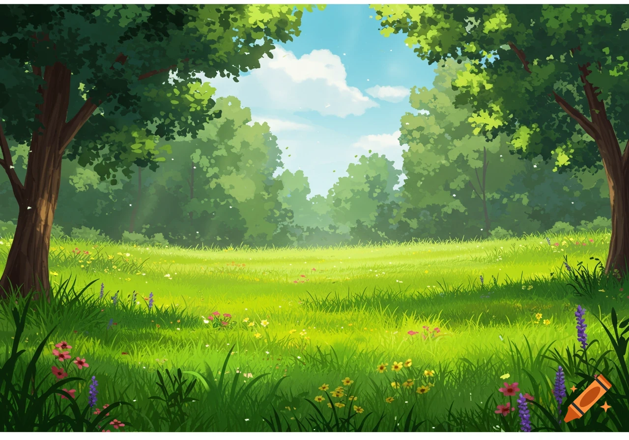 A vibrant, cartoonish illustration of a sunny forest clearing with lush green grass, wildflowers, and tall trees framing a bright blue sky.