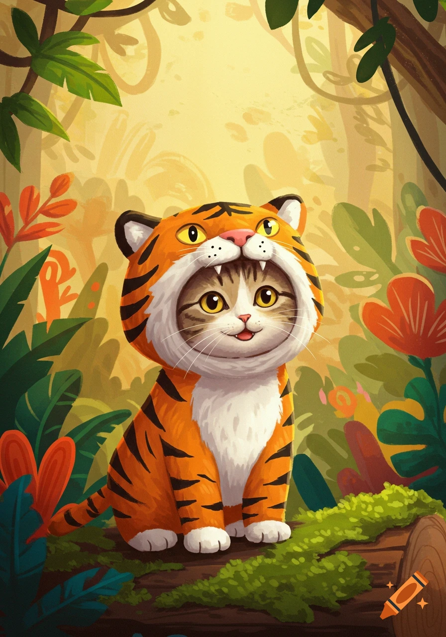 A cute cartoon cat in a tiger costume sits on a mossy log in a vibrant, stylized jungle illustration.