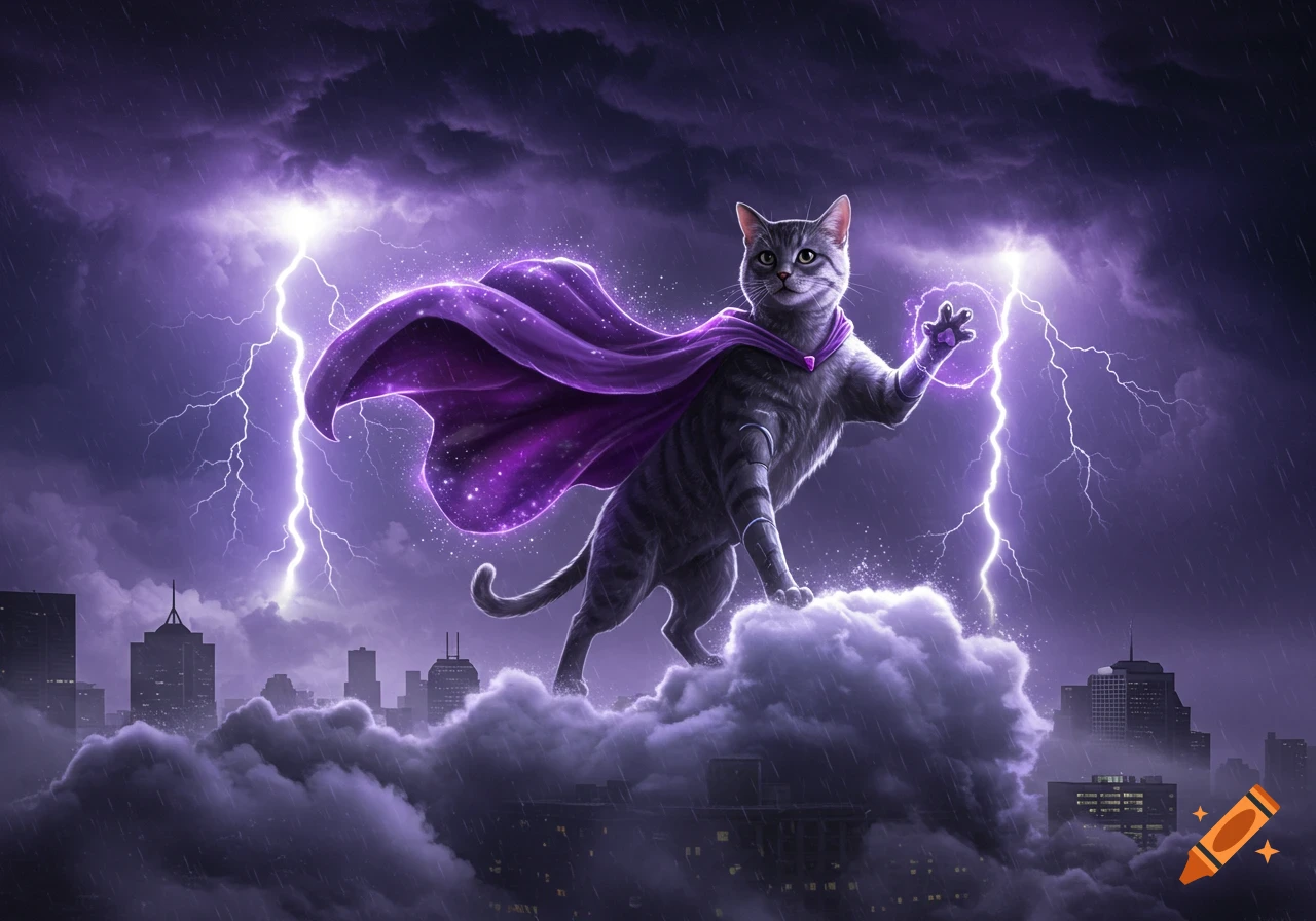 A majestic grey tabby superhero cat with a flowing purple cape stands on storm clouds above a city, summoning purple lightning.
