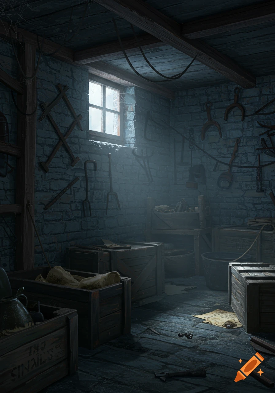 A gloomy stone basement workshop with old crates, farm tools hanging on walls, and light streaming from a high window.